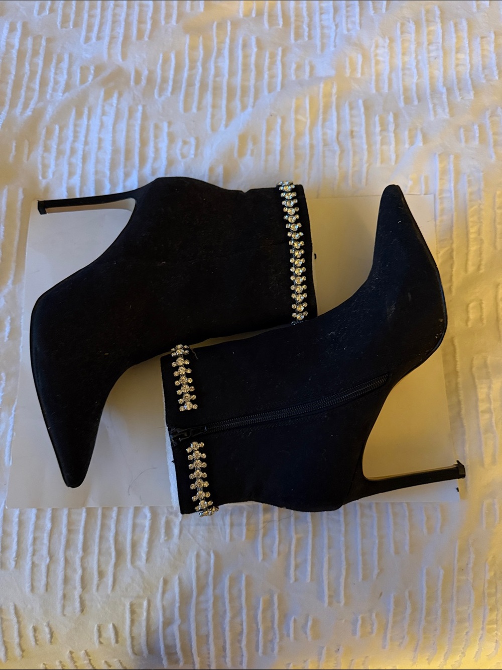 Black Rhinestone-Trim Pointed Toe Stiletto Booties - Women